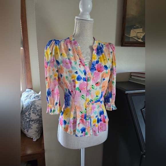 Zara women's sz. XS floral watercolors blouse Puff Shoulder peplum top - Picture 2 of 8